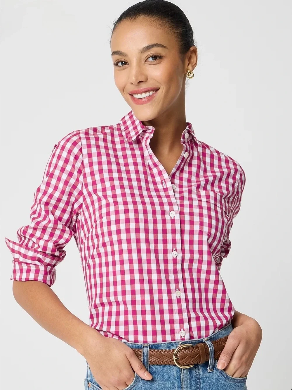 🌷J. Crew pink/white gingham button down shirt. Size XS.